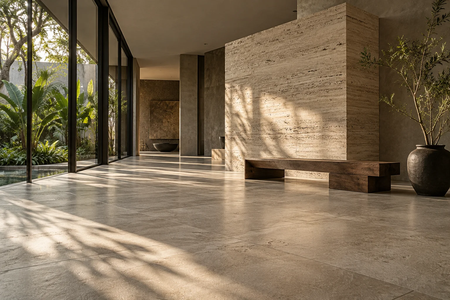 Concept interior with mineral surfaces, tropical courtyard light, and a sculptural stone partition