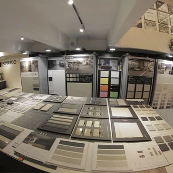 Tile sample boards and wall displays in the showroom