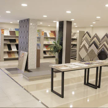 Showroom consultation table surrounded by tile displays